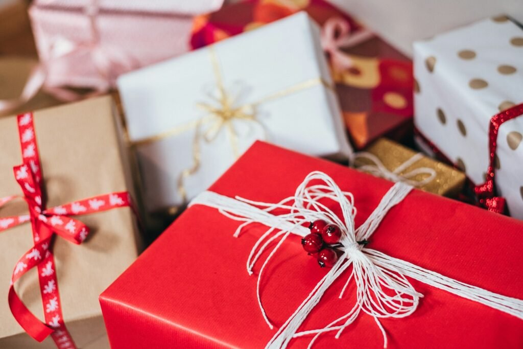Red and white wrapped holiday gifts