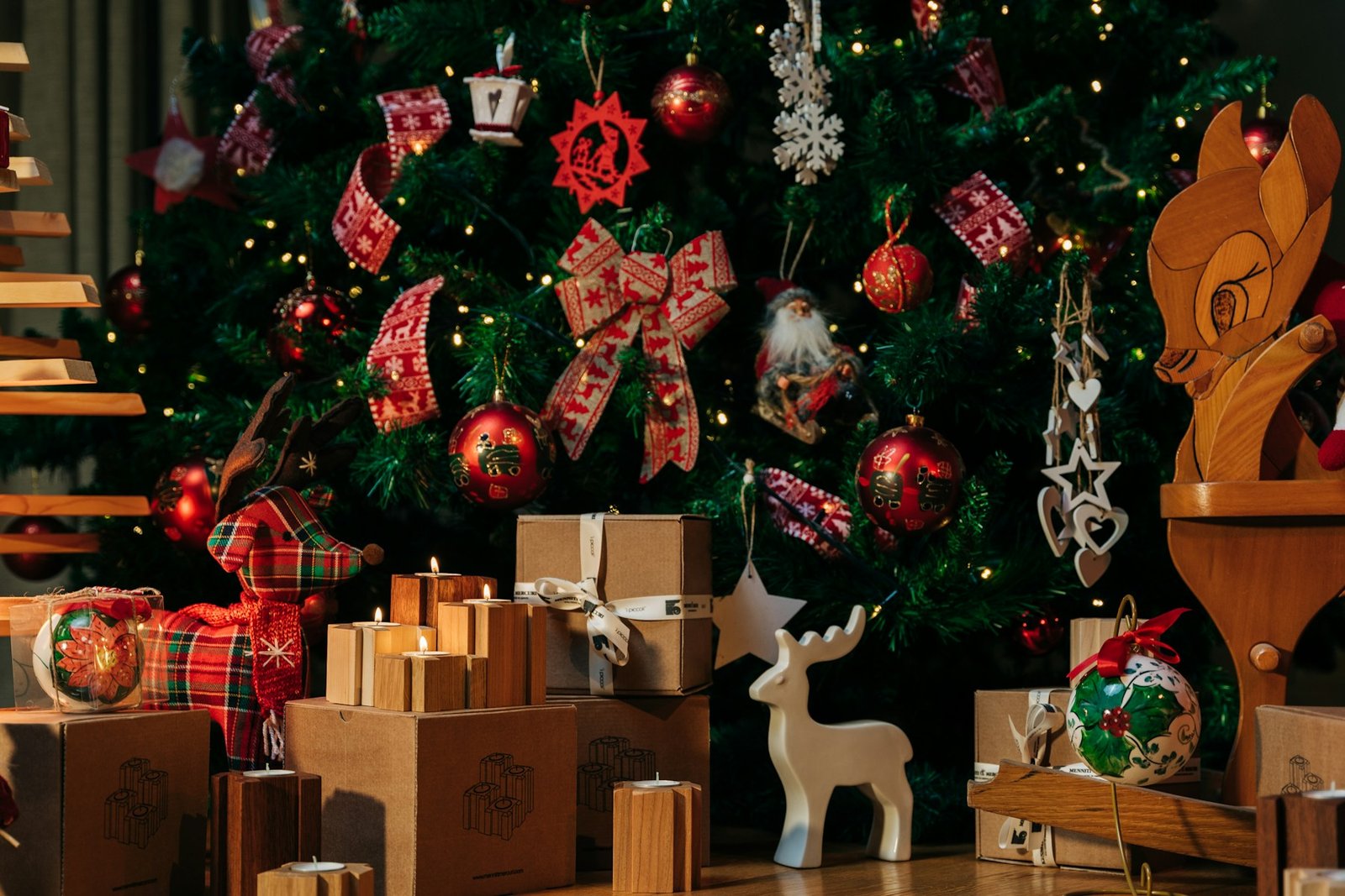 Christmas tree with wrapped gifts and wooden toys